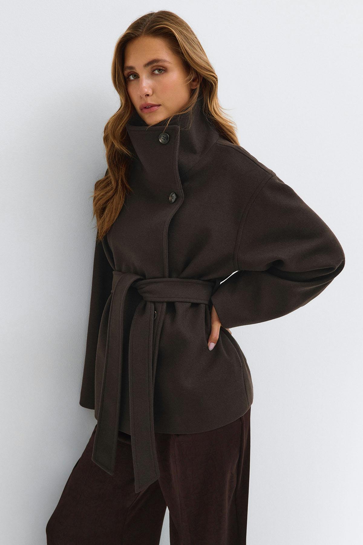 High neck wool blend jacket - Marron foncé