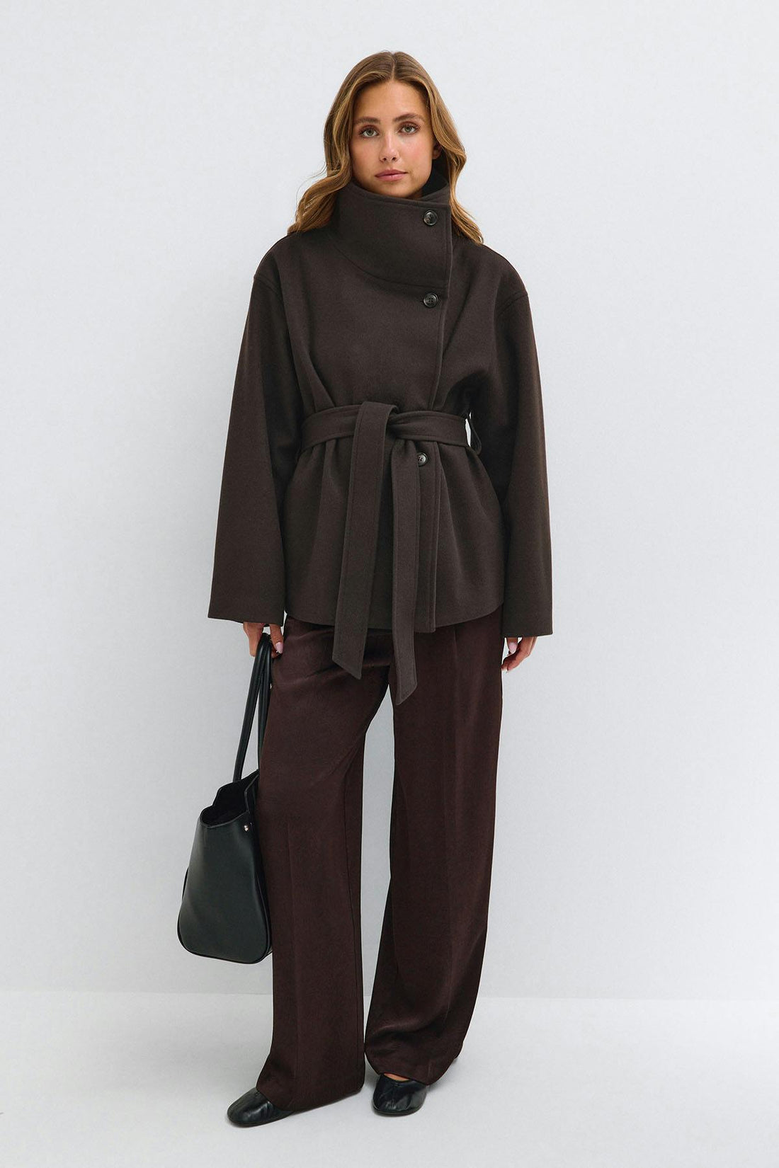 High neck wool blend jacket - Marron foncé