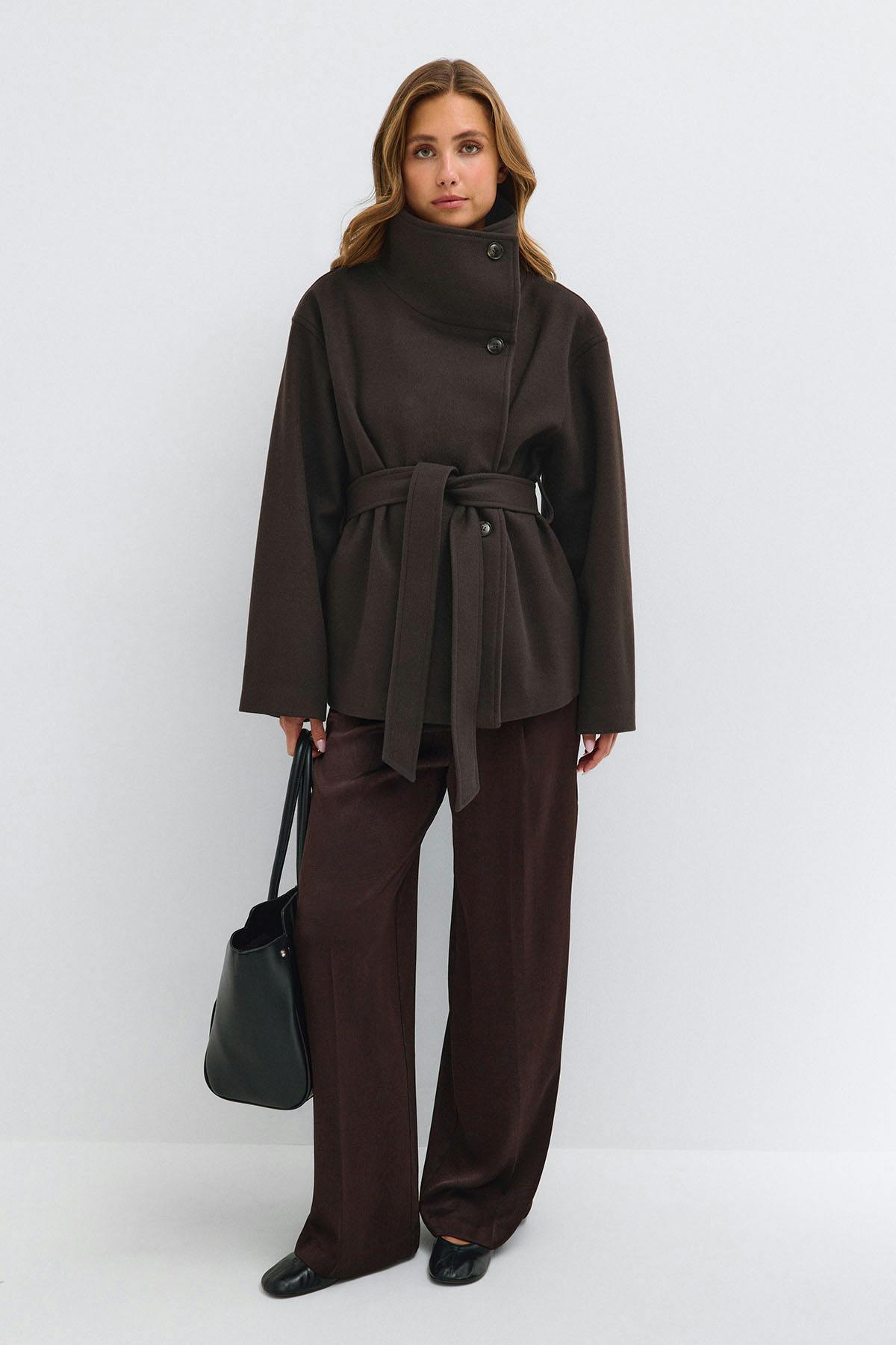 High neck wool blend jacket - Marron foncé