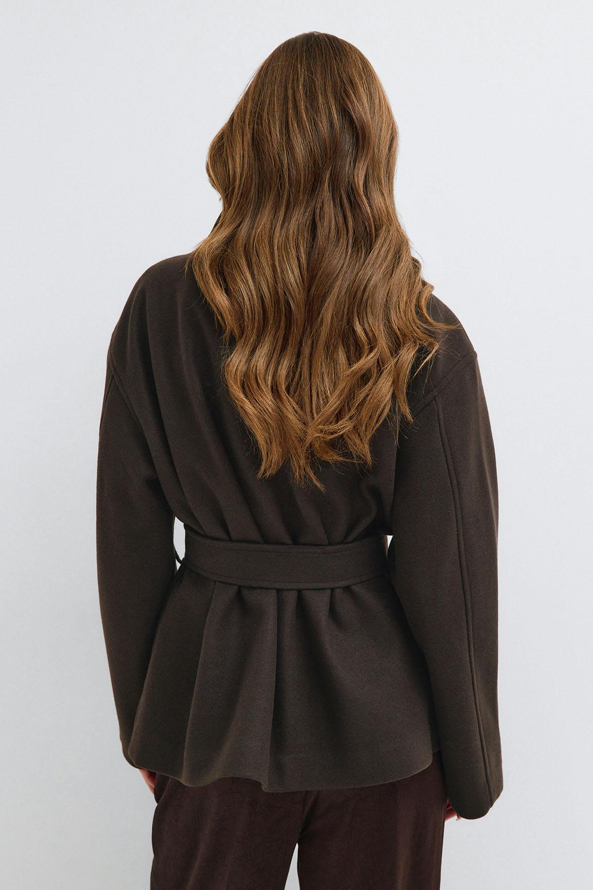 High neck wool blend jacket - Marron foncé