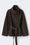 High neck wool blend jacket - Marron foncé
