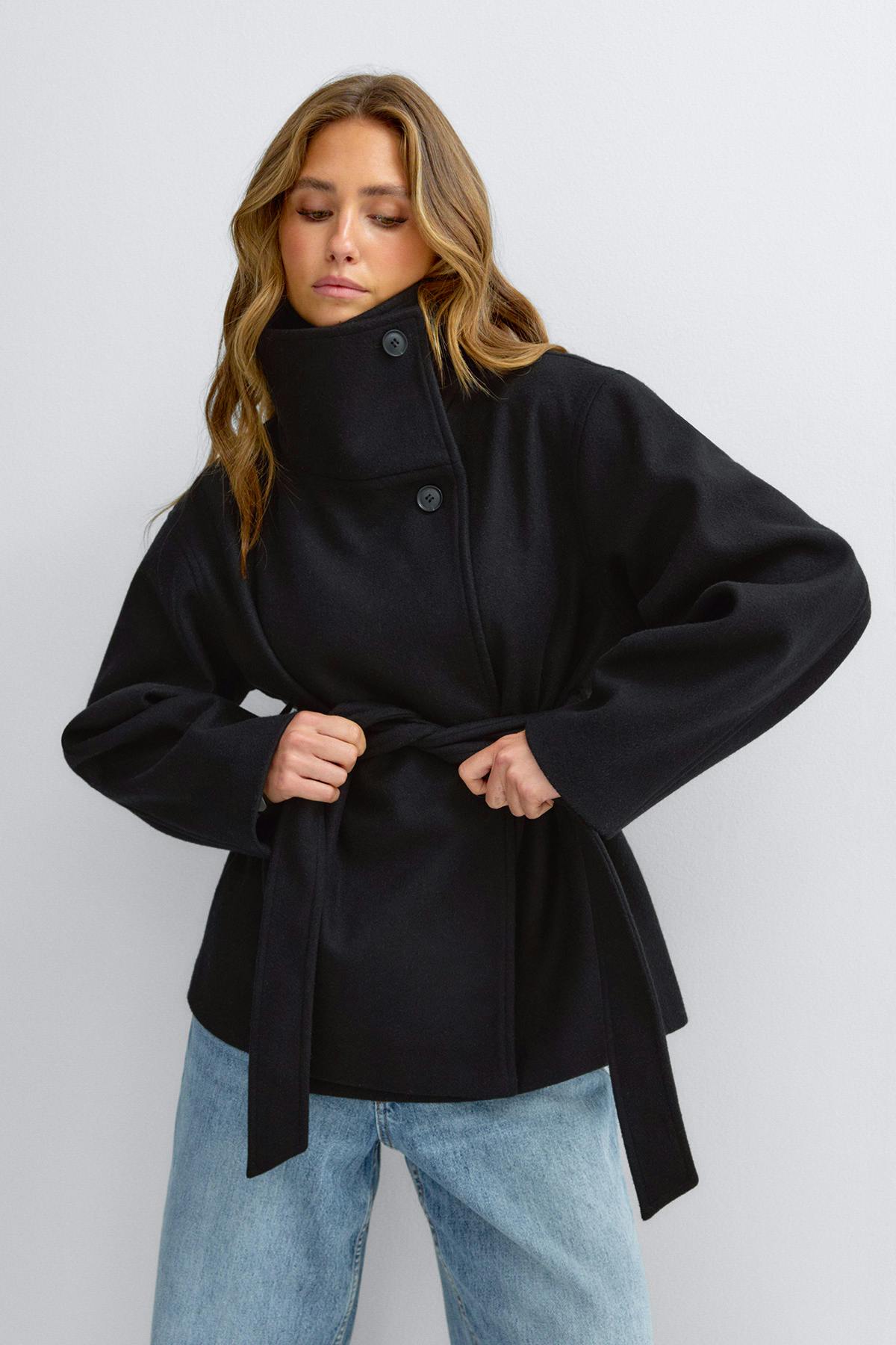 High neck wool blend jacket - Marron foncé