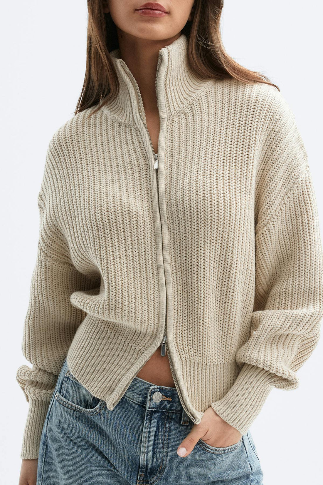 Knitted zip cardigan - Beige