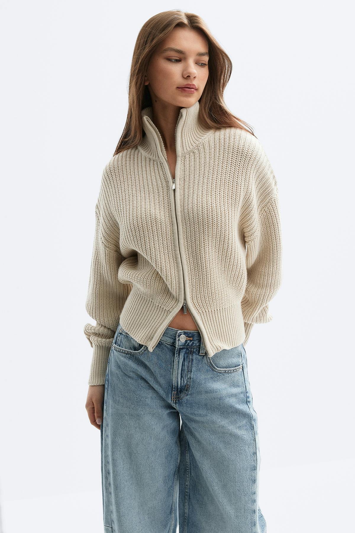 Knitted zip cardigan - Beige