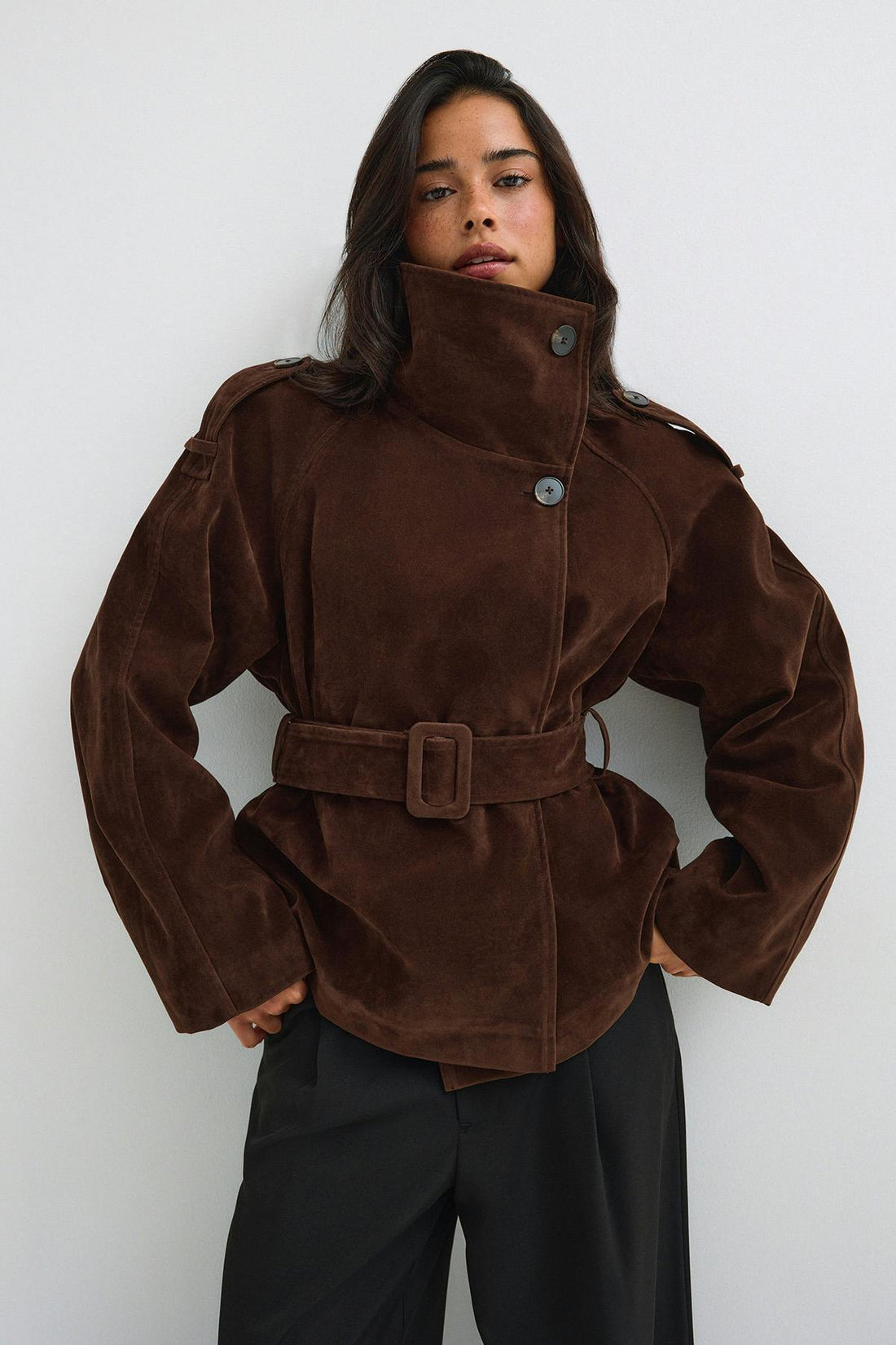 Faux suede trench jacket - Chocolate brown