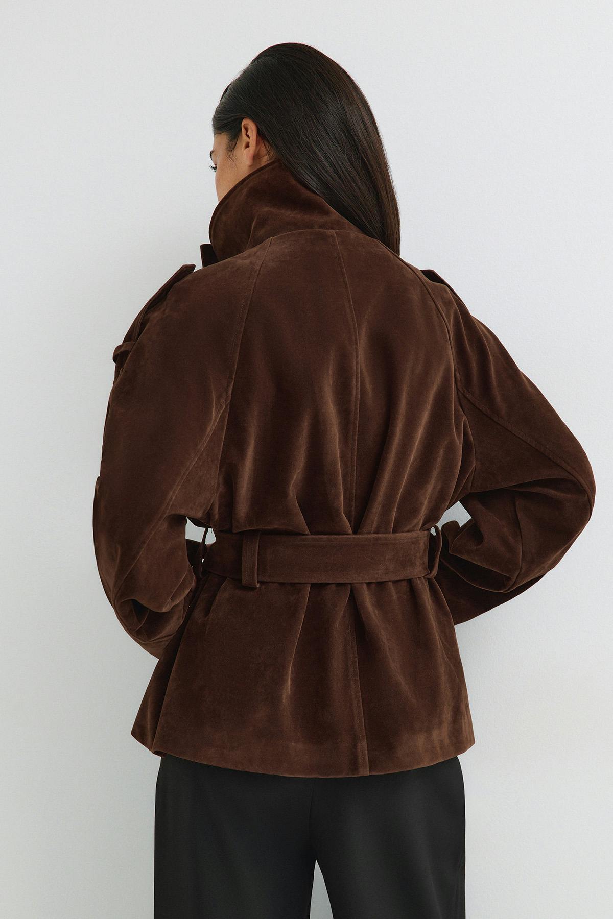 Faux suede trench jacket - Chocolate brown