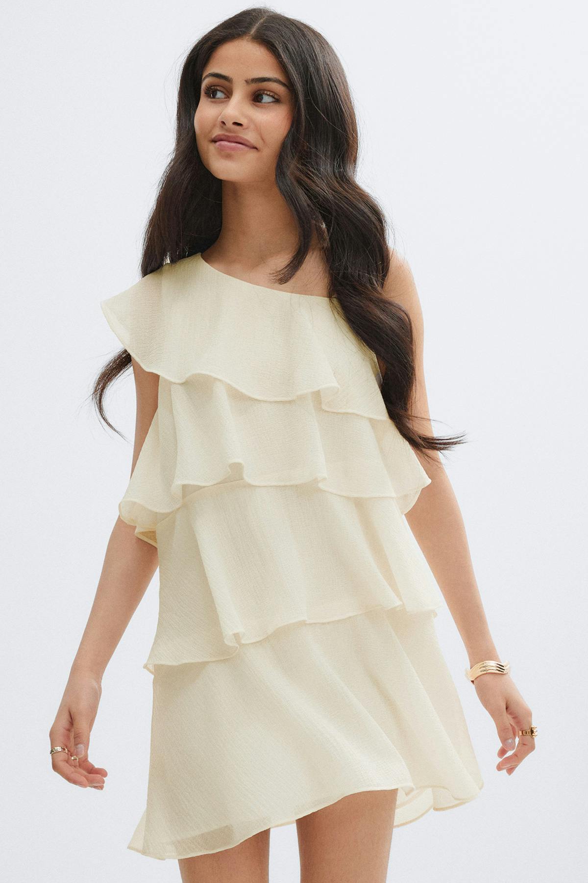 Y one shoulder frill dress - Jaune clair