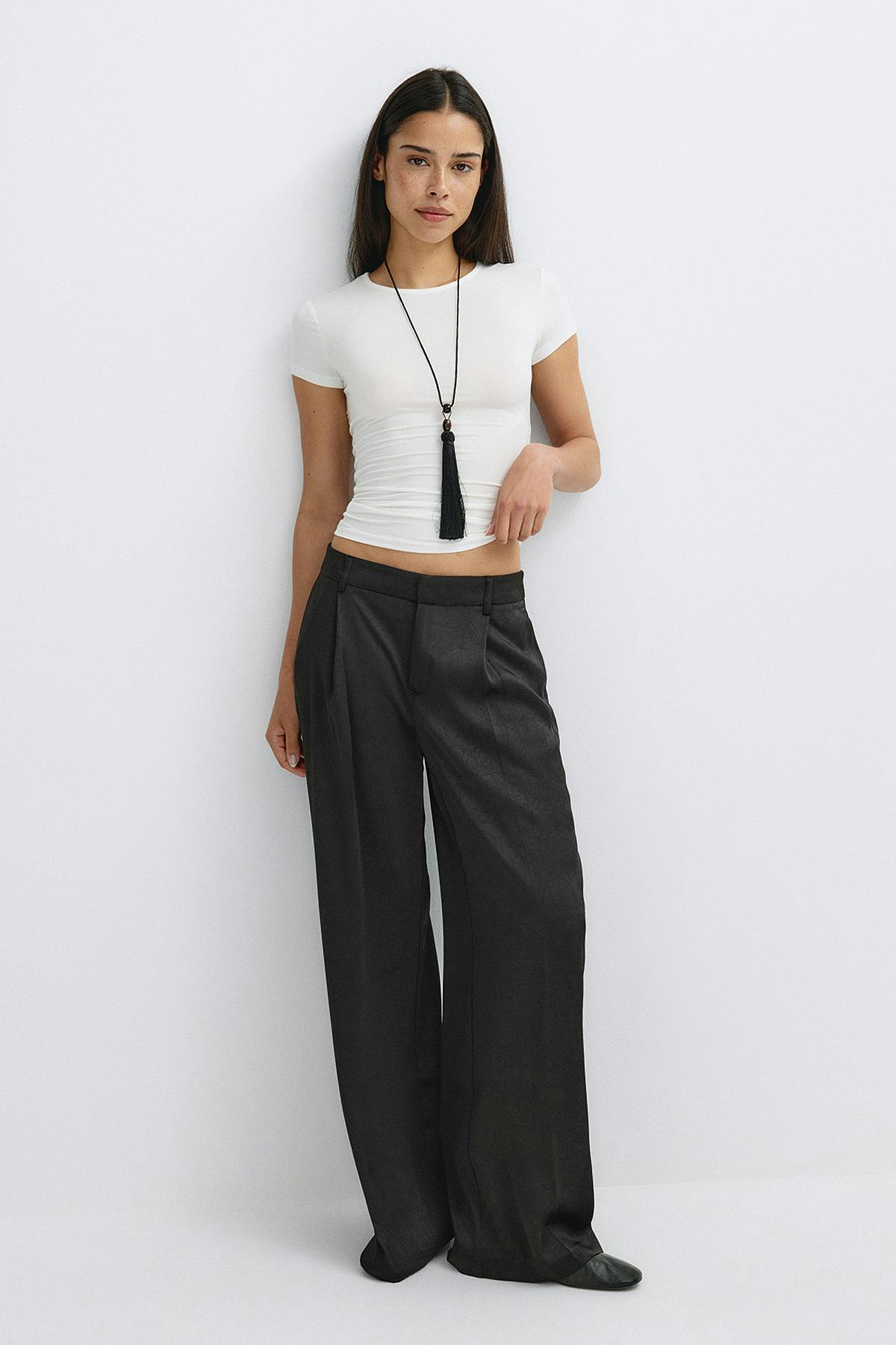 Pleated satin trousers - Marron foncé