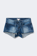 14+ low tie denim shorts - Bleu
