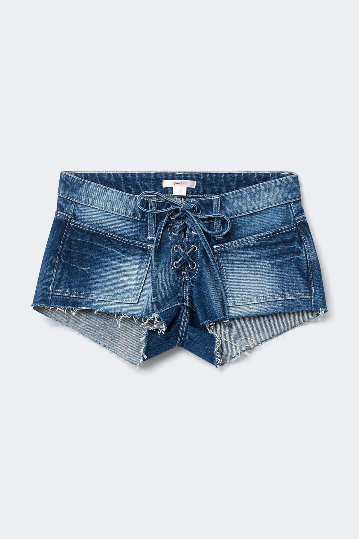 14+ low tie denim shorts - Bleu