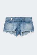 14+ pleated low denim shorts - Mid blue