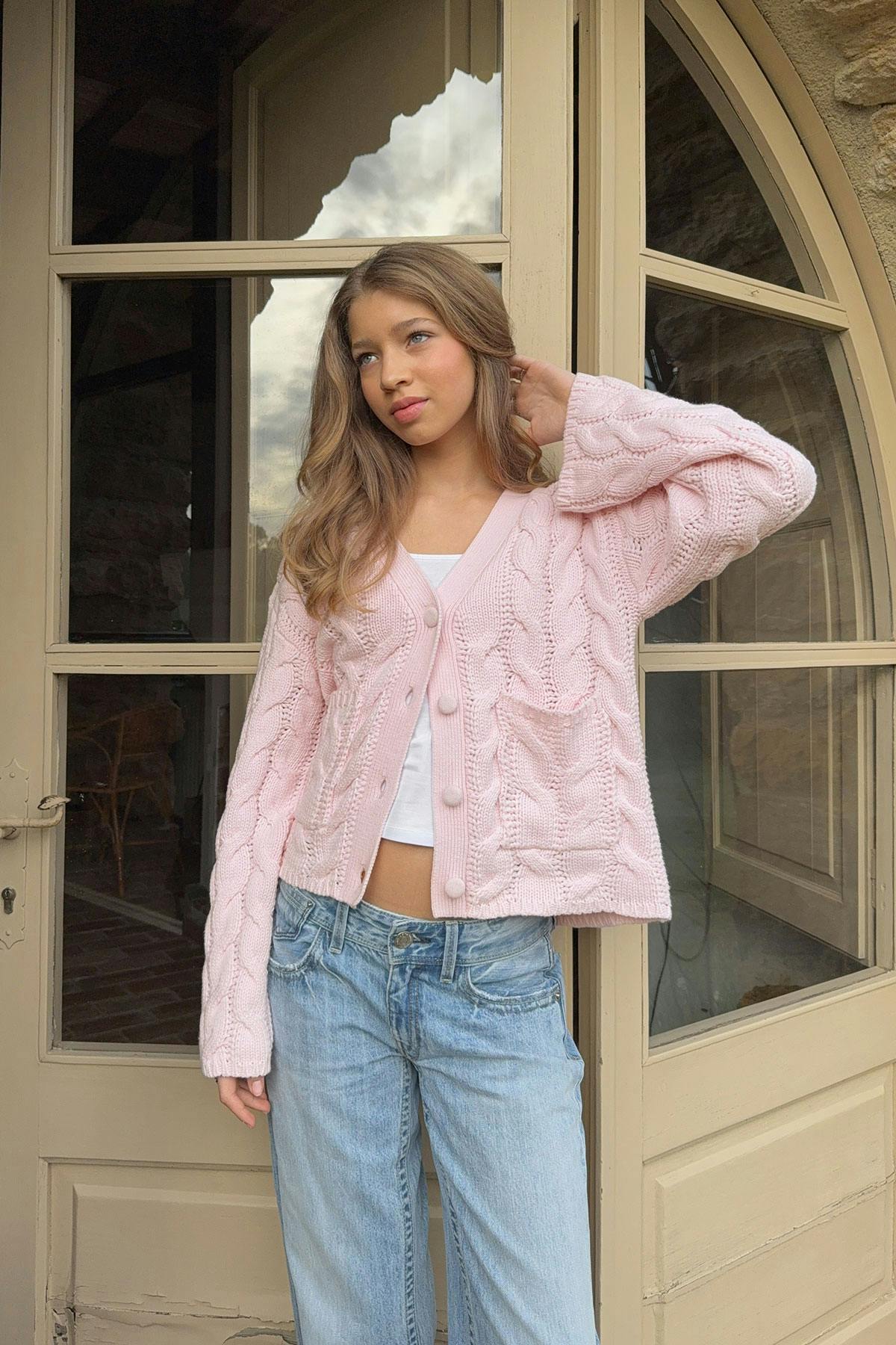 Y cable knitted cardigan - Ballet slipper