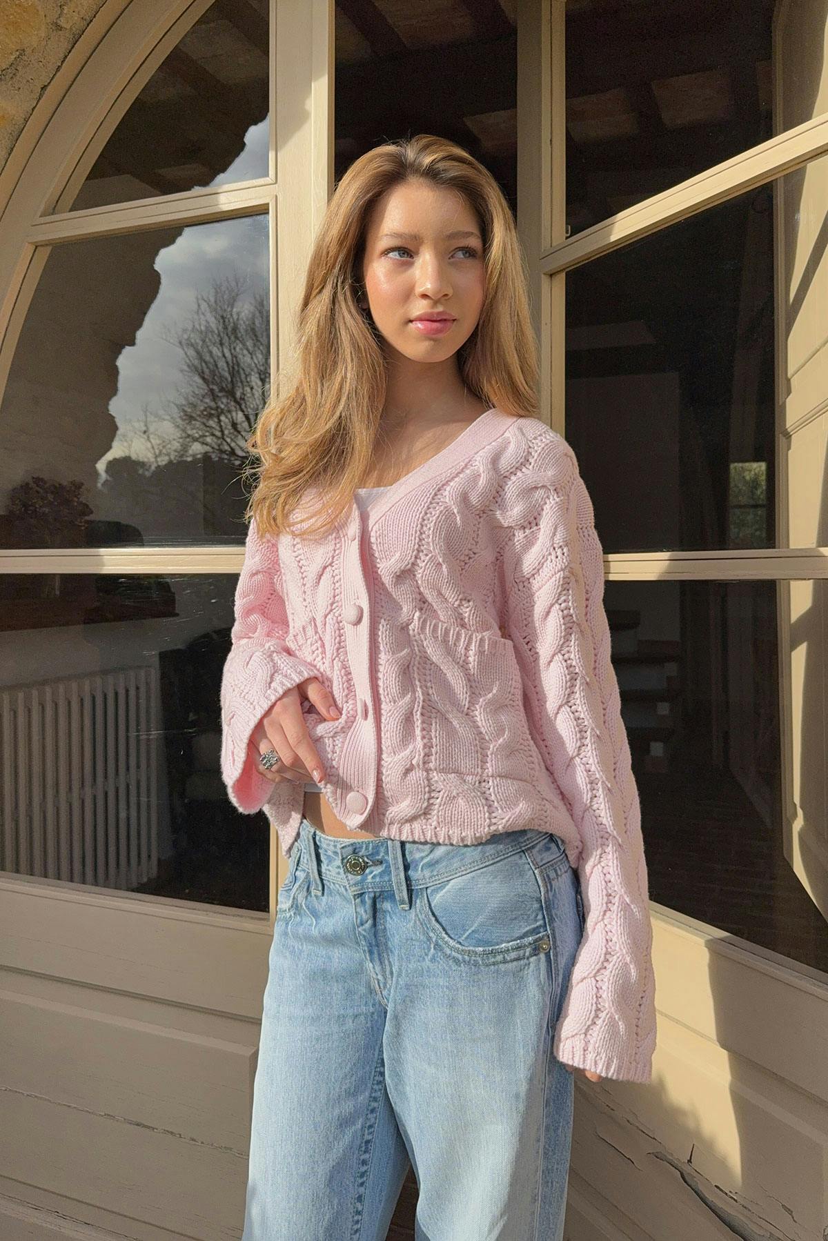 Y cable knitted cardigan - Ballet slipper