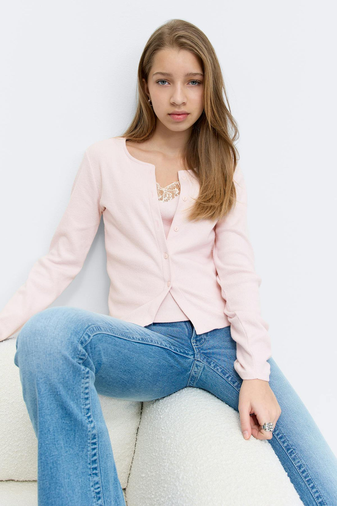 Y 2 in 1 lace rib cardigan - Ballet slipper