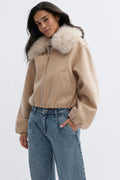Faux fur collar jacket - Beige melange