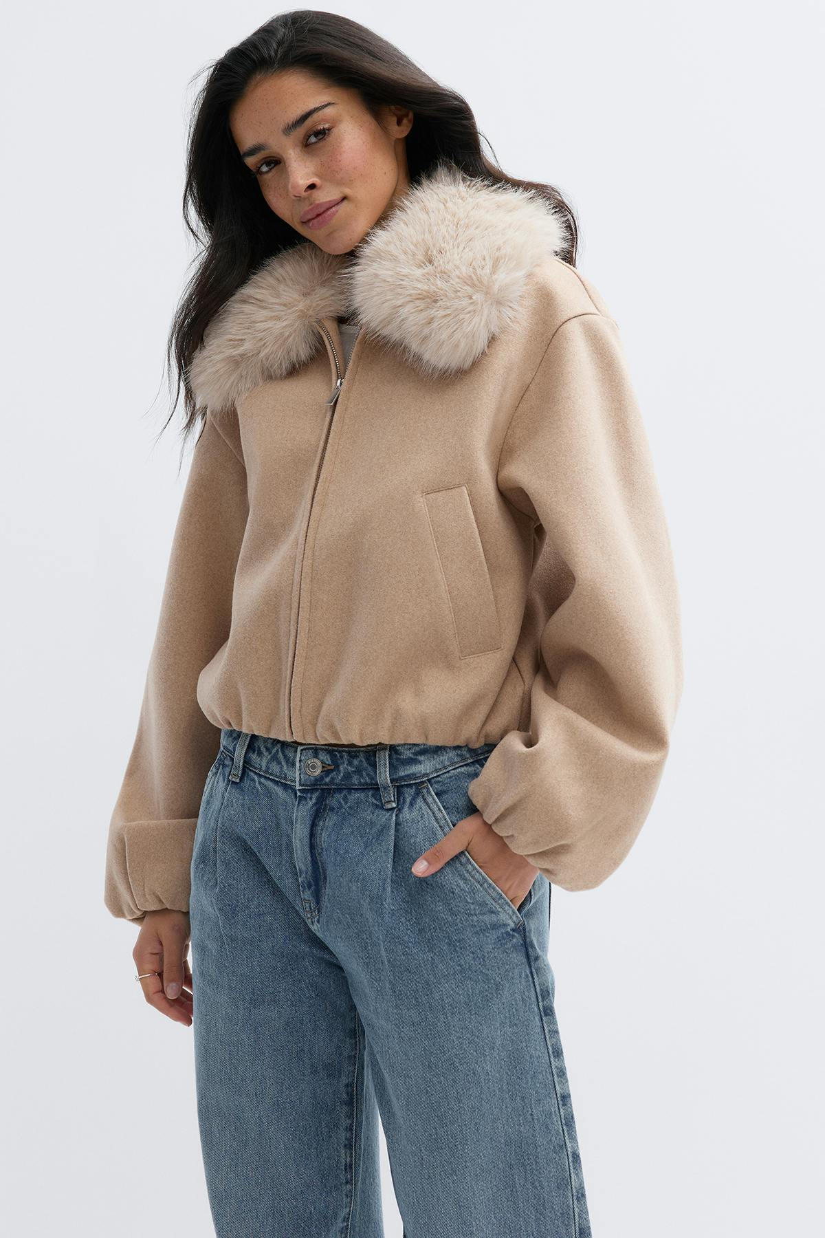 Faux fur collar jacket - Beige melange