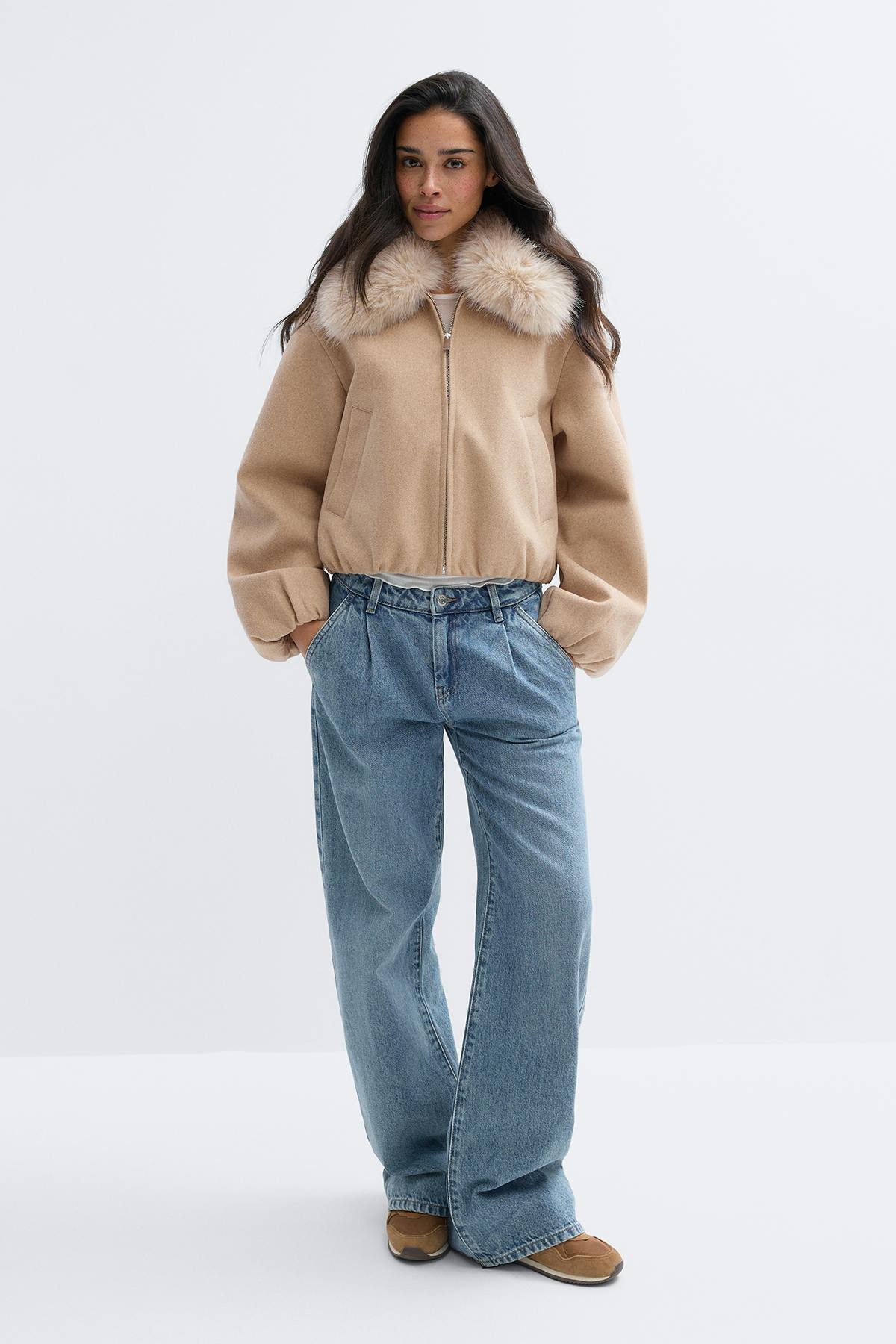 Faux fur collar jacket - Beige melange
