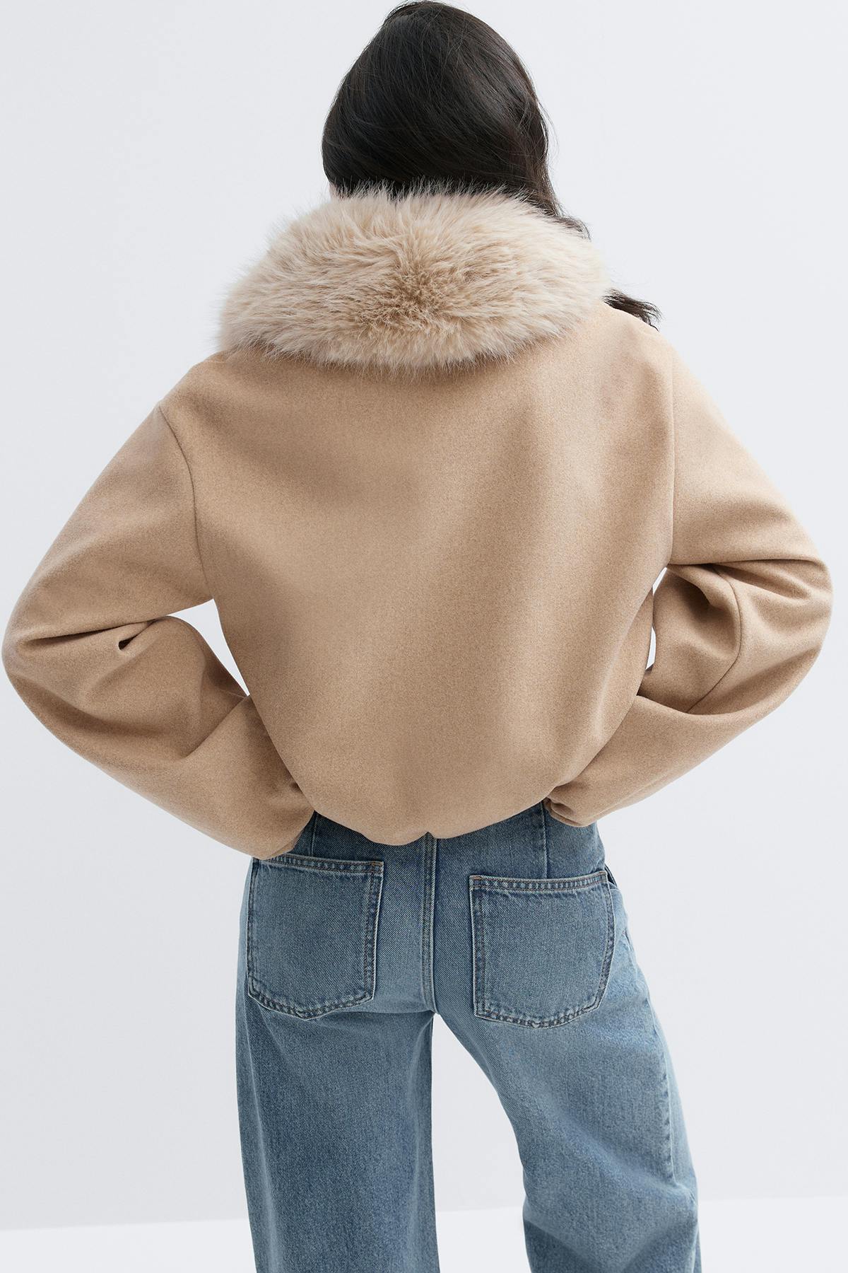 Faux fur collar jacket - Beige melange
