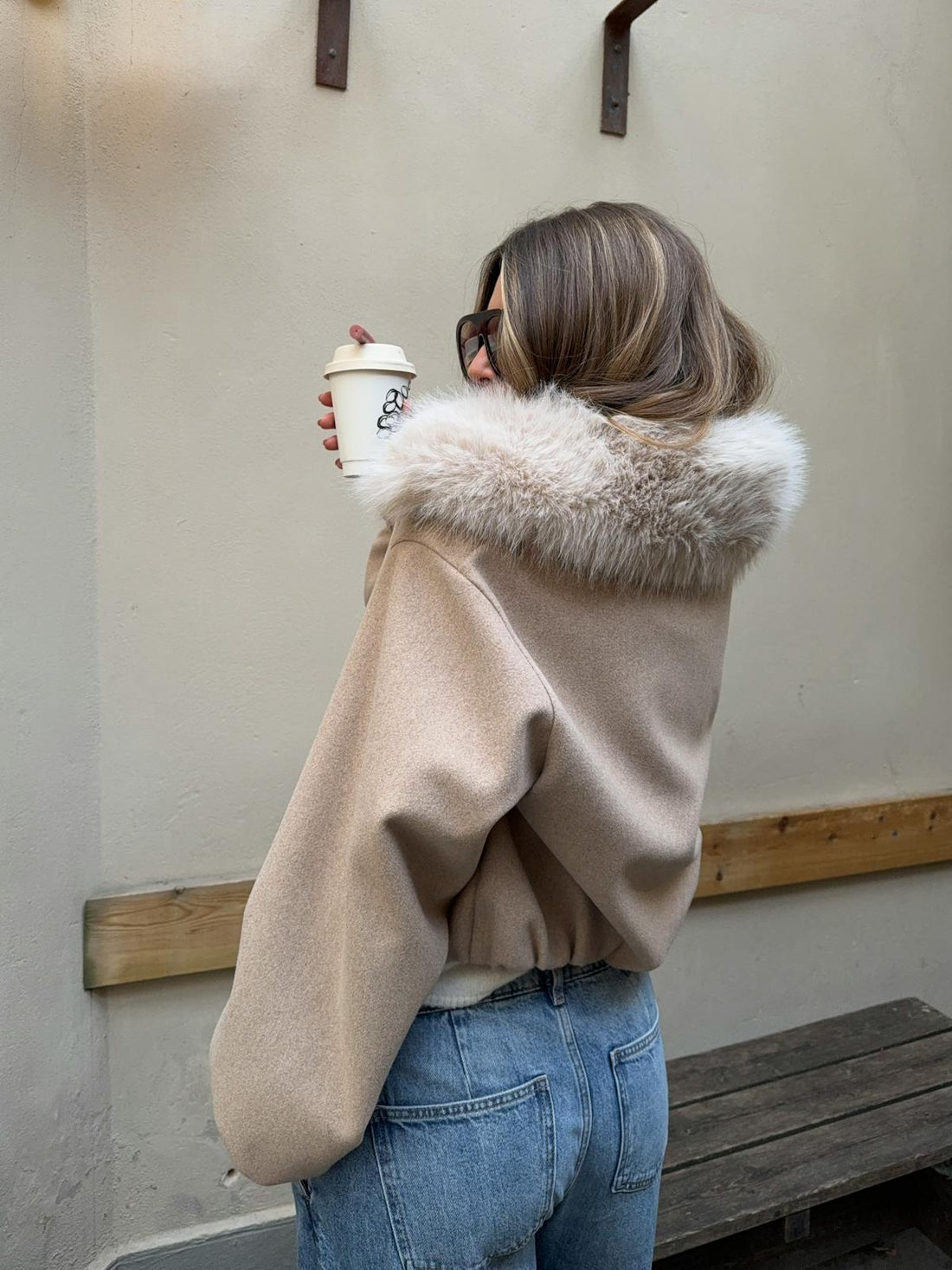 Faux fur collar jacket - Beige melange