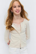 Y 2 in 1 lace rib cardigan - Oat melange