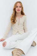 Y 2 in 1 lace rib cardigan - Oat melange