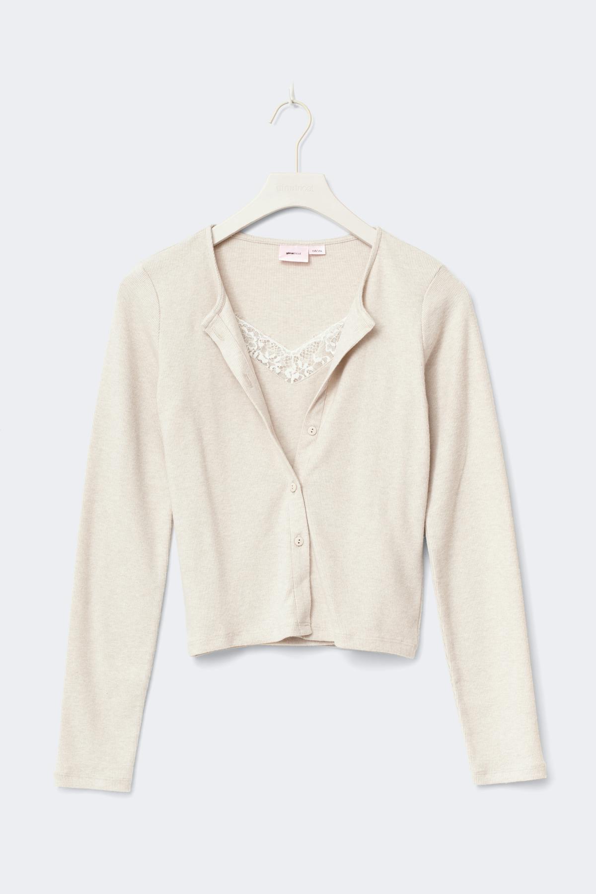 Y 2 in 1 lace rib cardigan - Oat melange