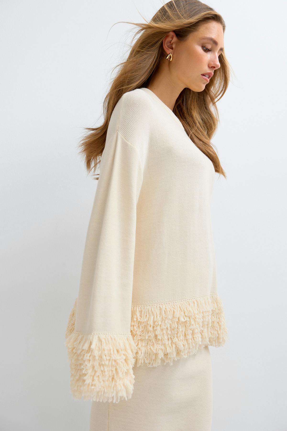 Knitted fringe sweater - Crème
