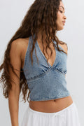 Denim rhinestone top - Bleu
