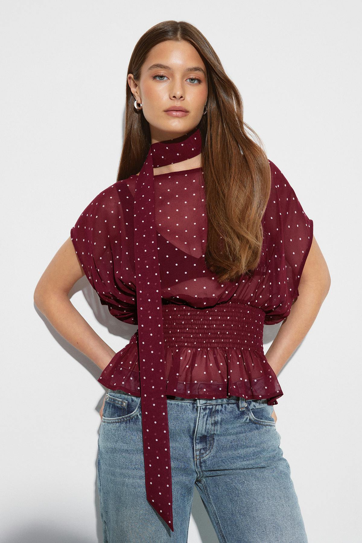 Scarf blouse - Light brown dot