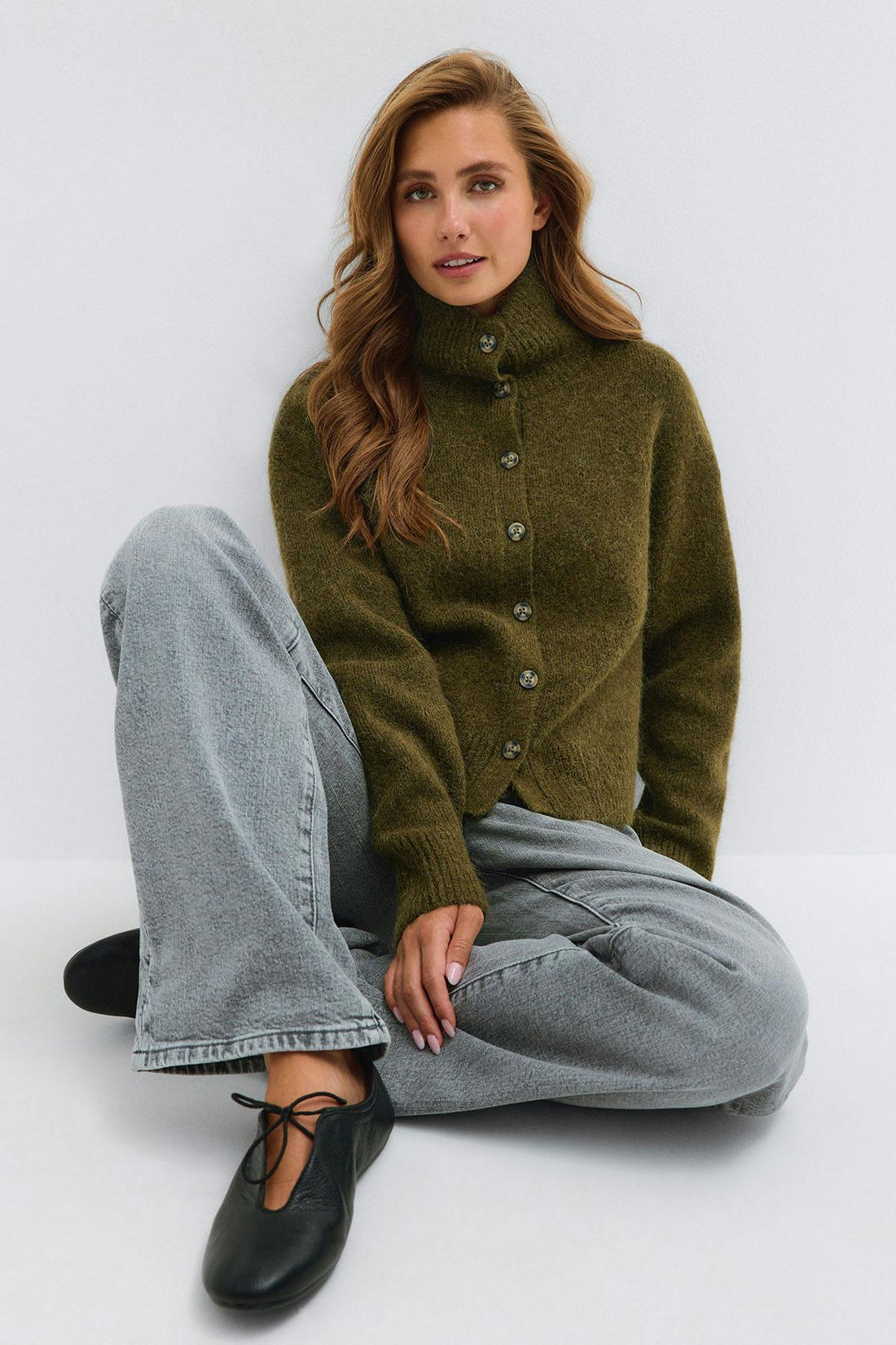 Turtleneck knitted cardigan - Vert foncé