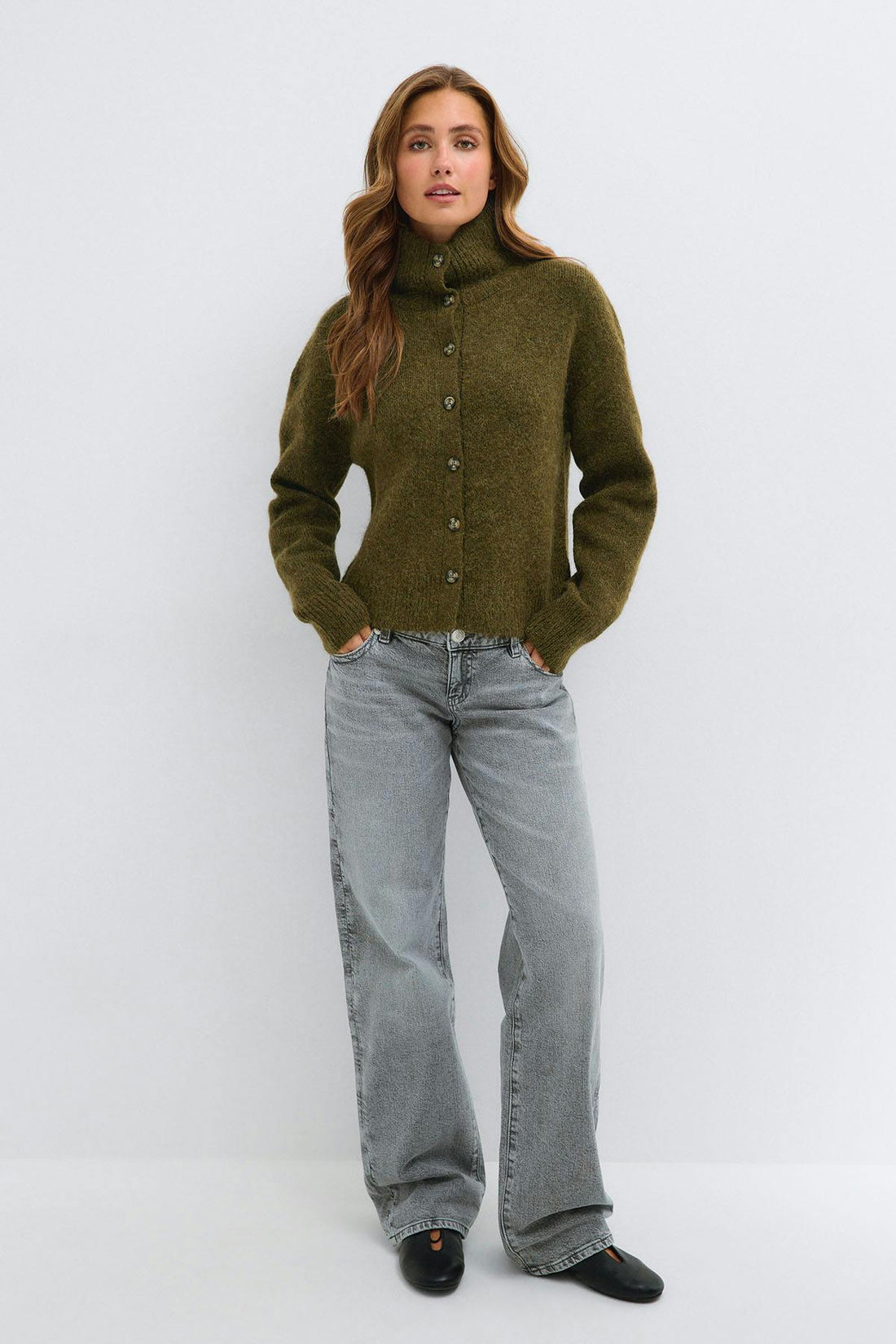 Turtleneck knitted cardigan - Vert foncé