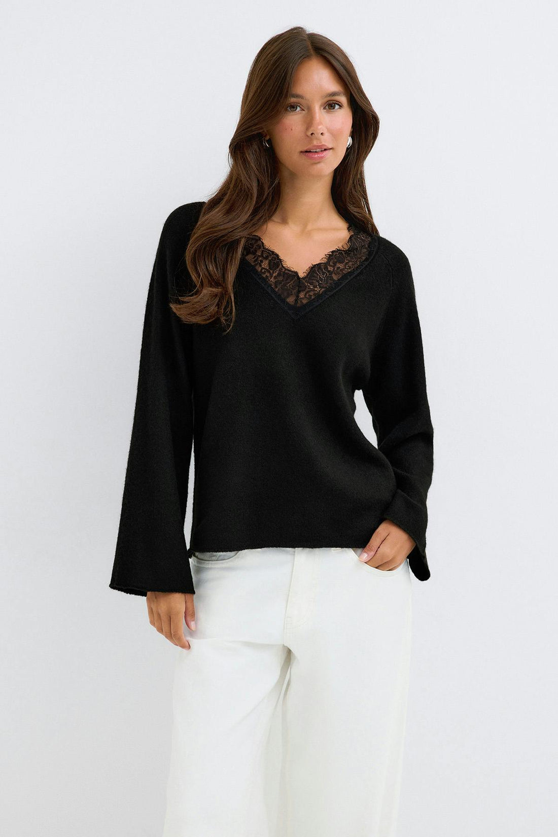 V-neck lace knitted sweater - Noir