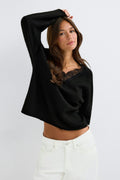 V-neck lace knitted sweater - Noir
