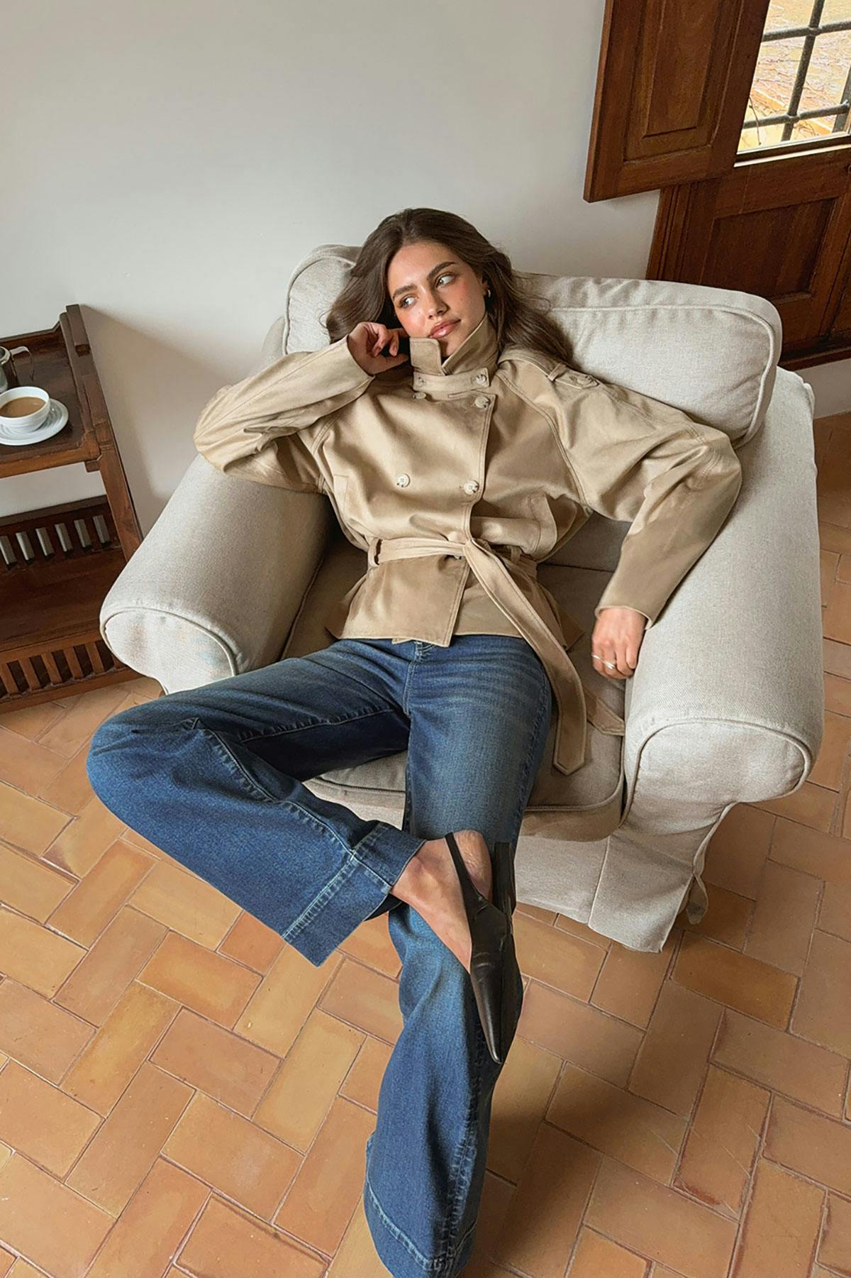 Faux suede belted jacket - Olive green