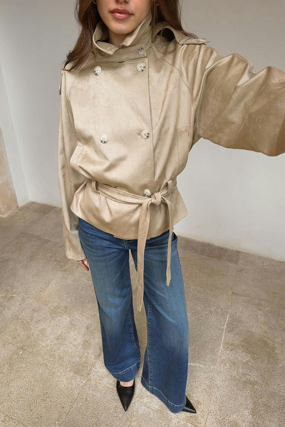 Faux suede belted jacket - Beige
