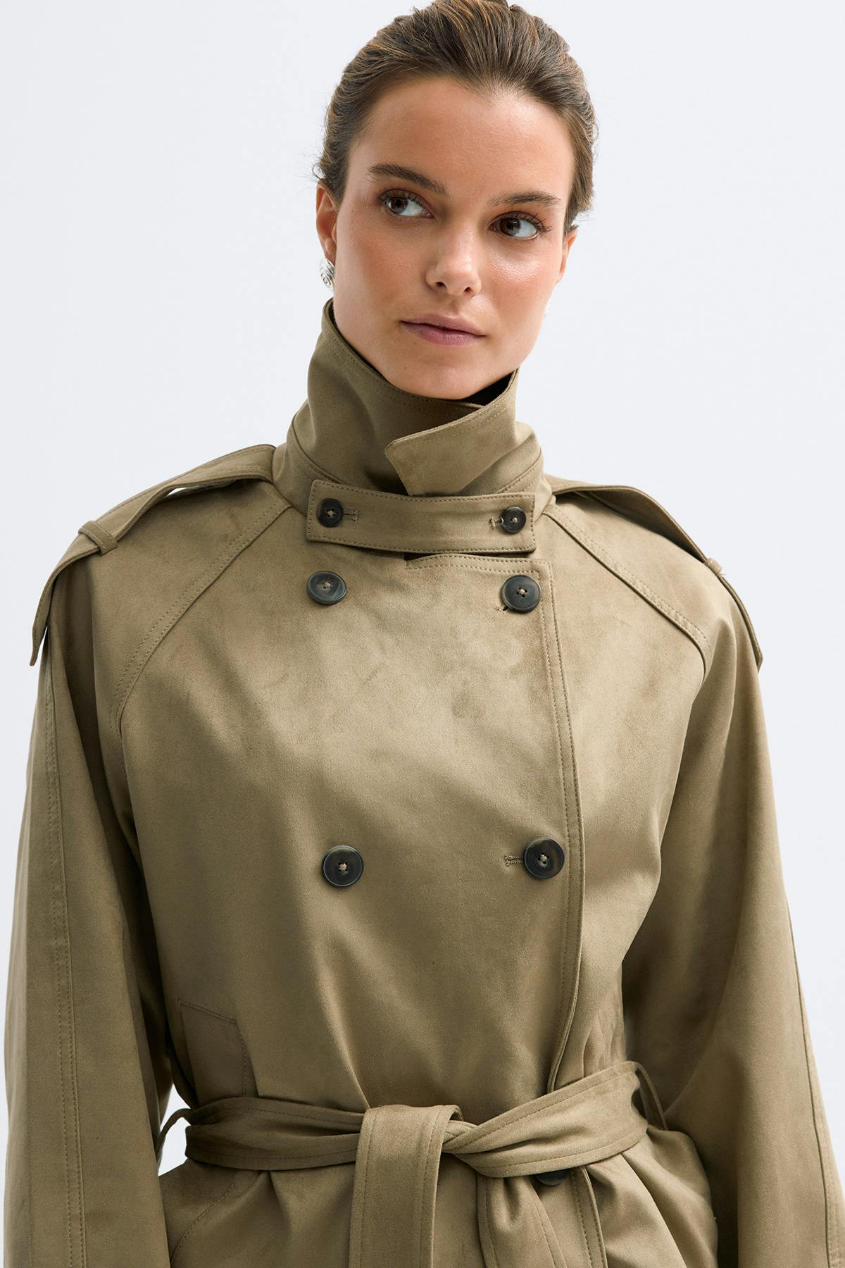 Faux suede belted jacket - Olive green