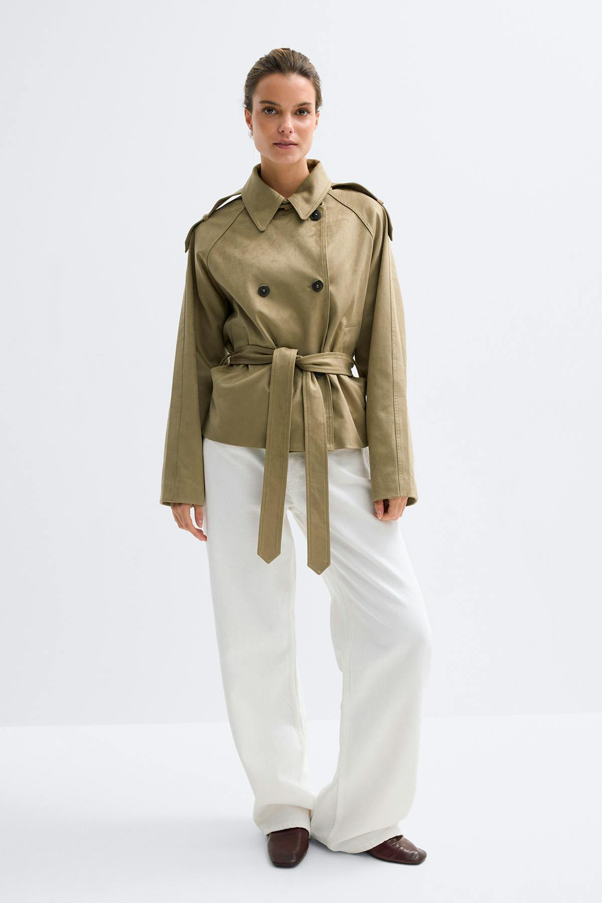 Faux suede belted jacket - Olive green