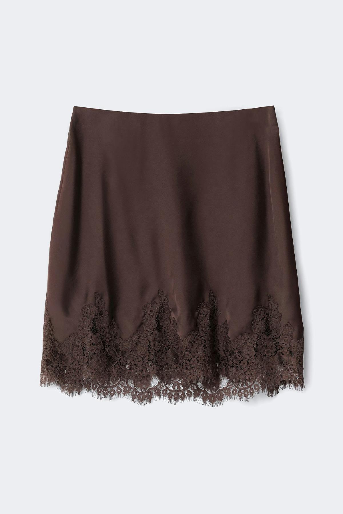 Lace satin mini skirt - Marron