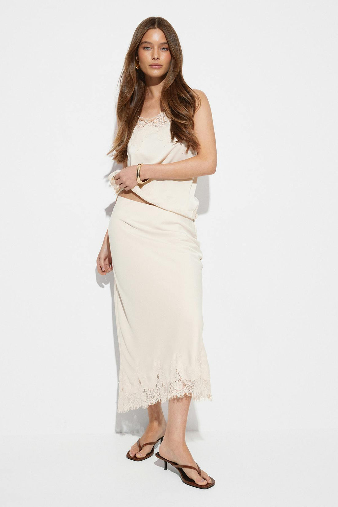 Lace satin midi skirt - Blanc cassé