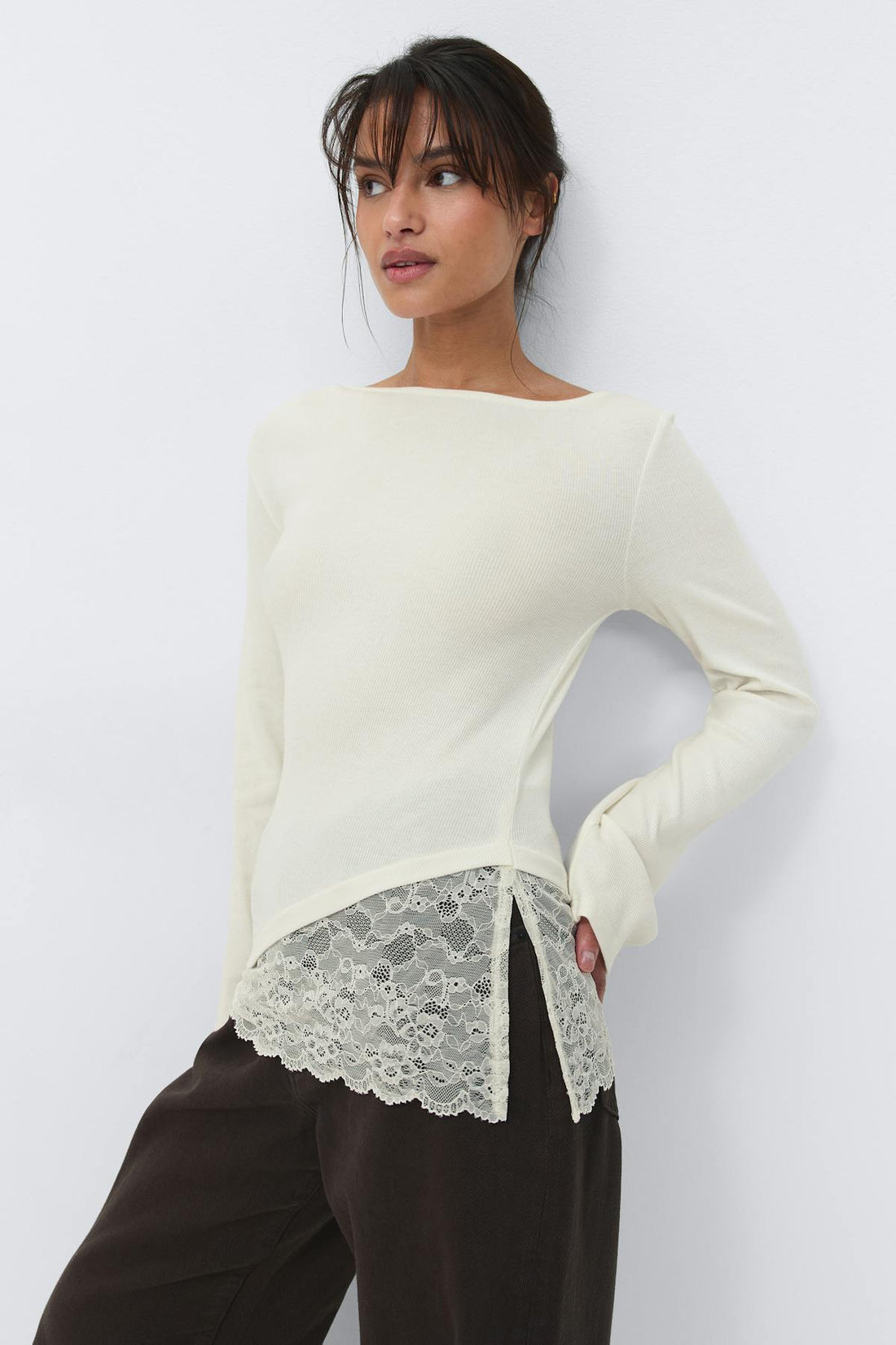 Lace detail boatneck top - Blanc cassé