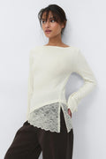 Lace detail boatneck top - Blanc cassé