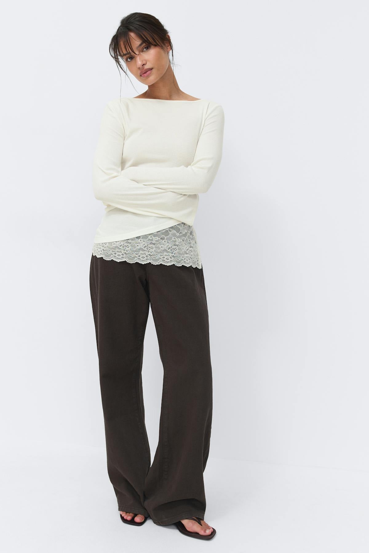 Lace detail boatneck top - Blanc cassé