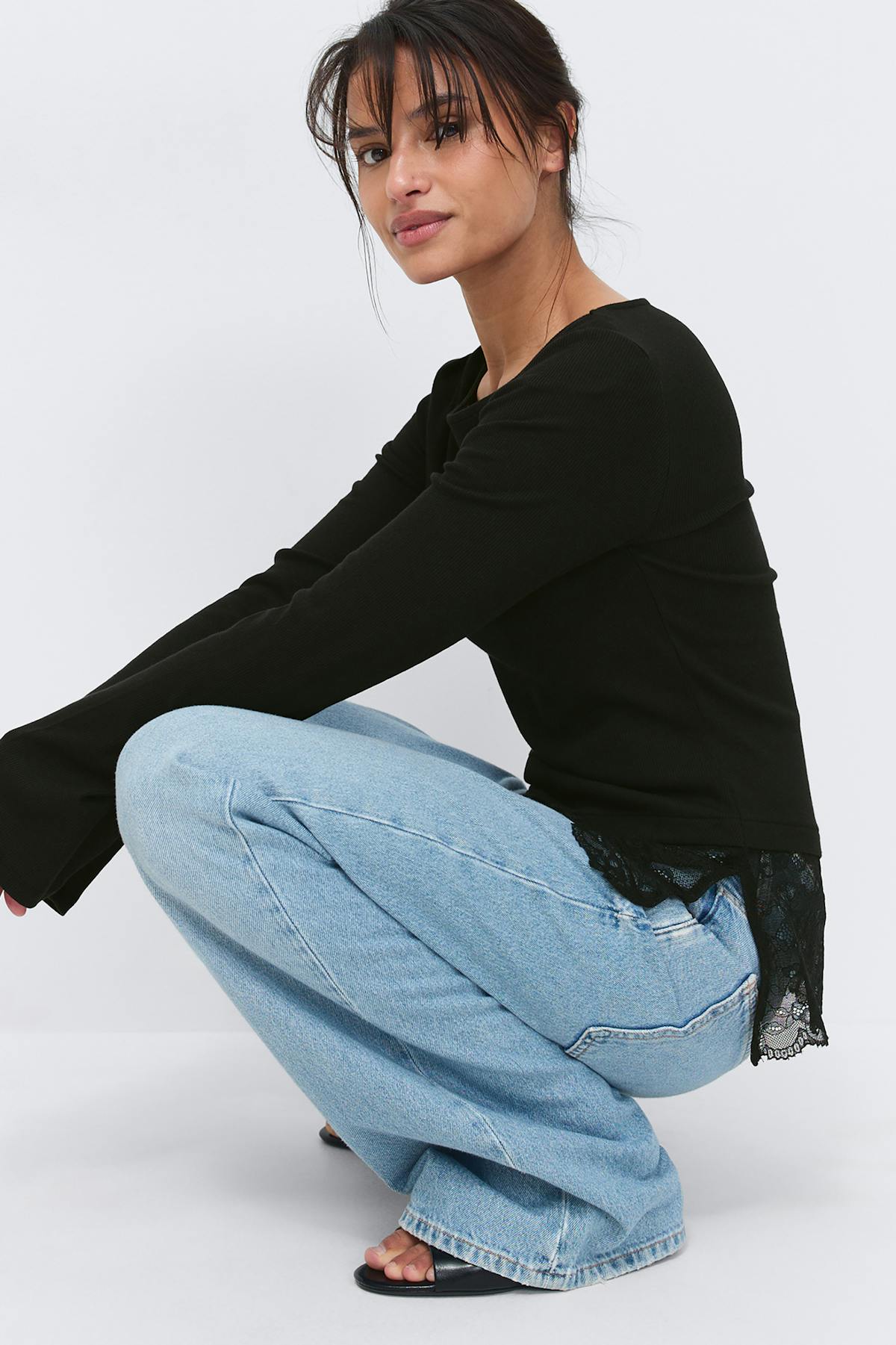 Lace detail boatneck top - Blanc cassé