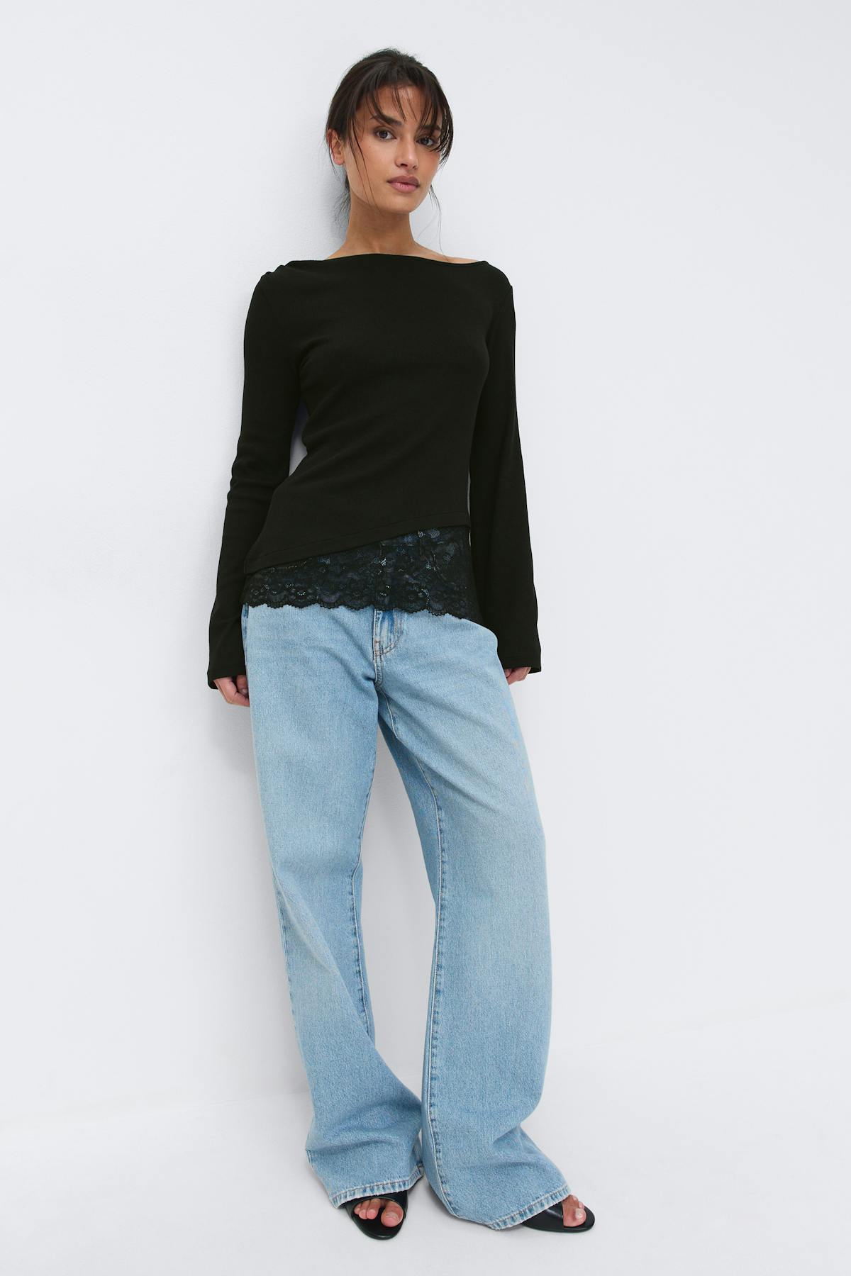 Lace detail boatneck top - Noir