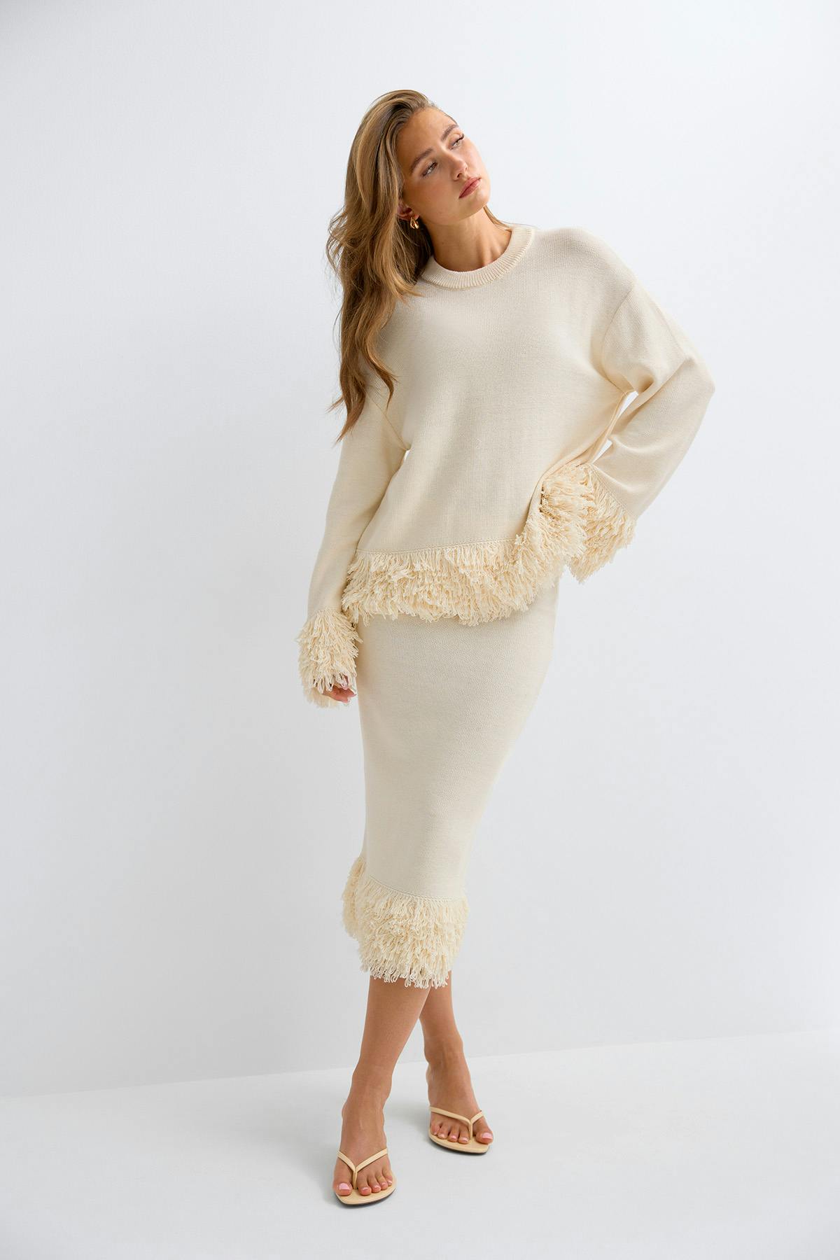 Knitted fringe skirt - Crème