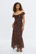 Maxi frill dress - Brown dot aop
