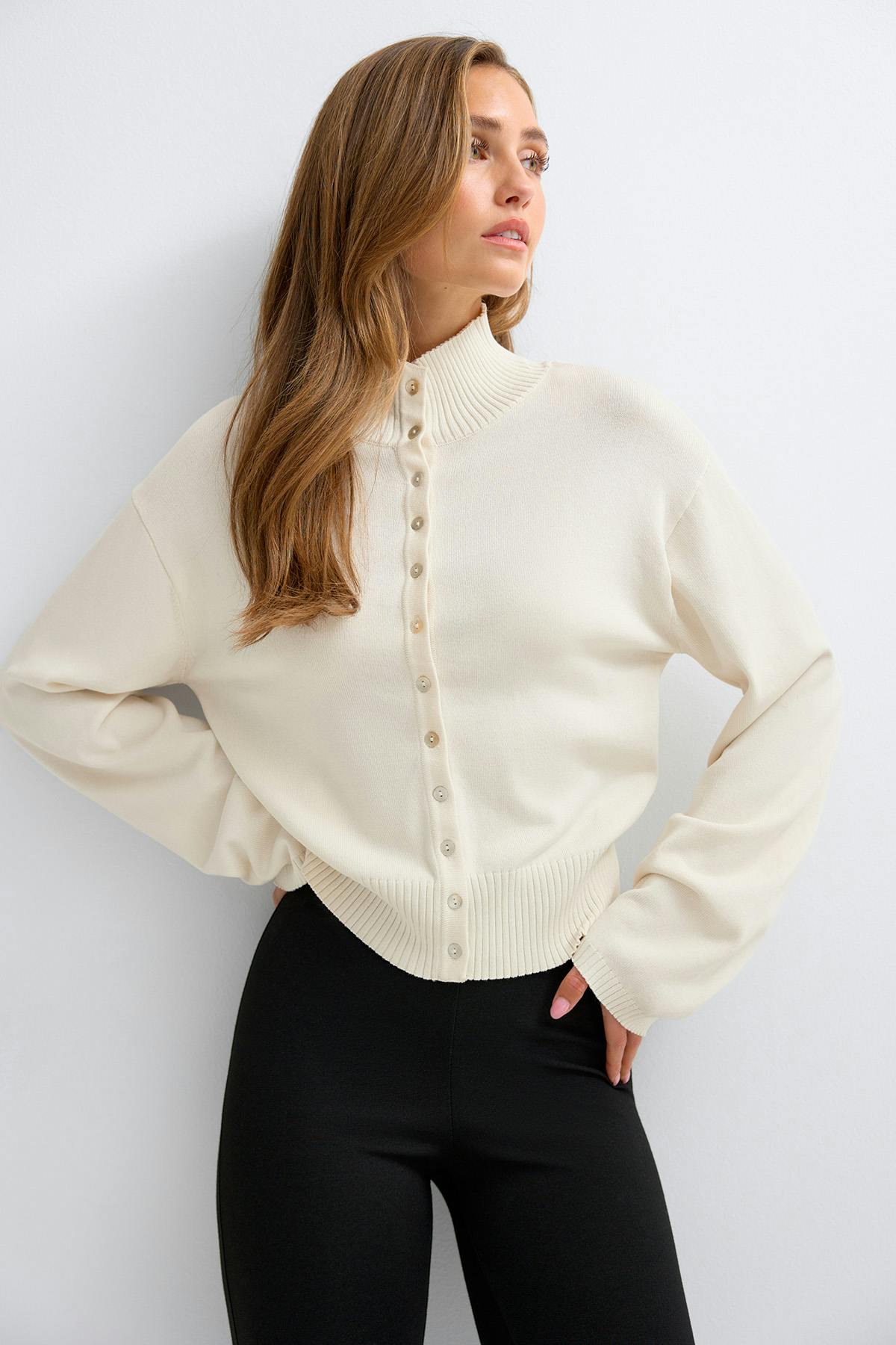 Turtleneck knitted cardigan - Chocolate brown