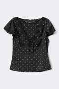 Satin lace top - Cream dot