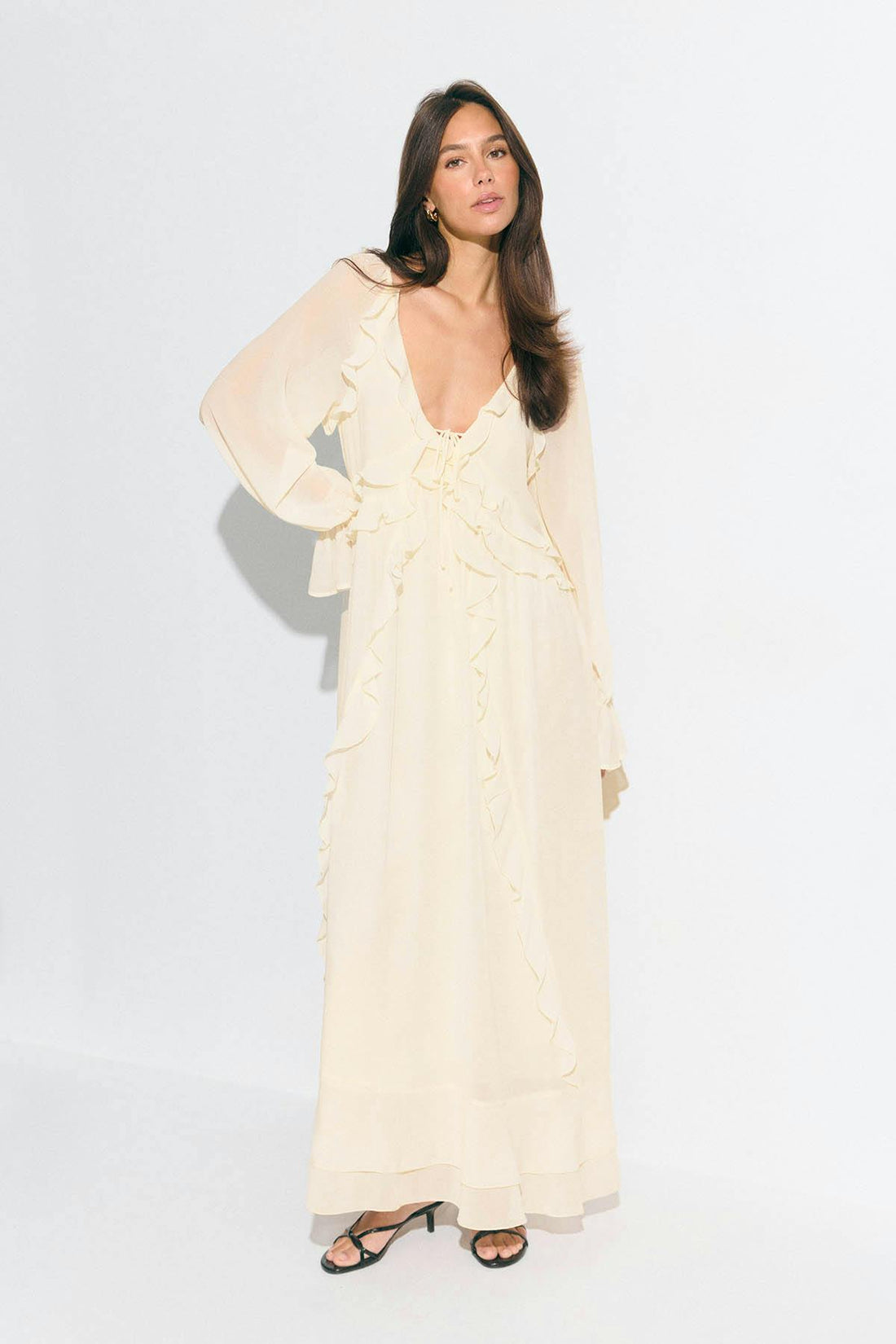 Chiffon maxi long sleeve dress - Creme