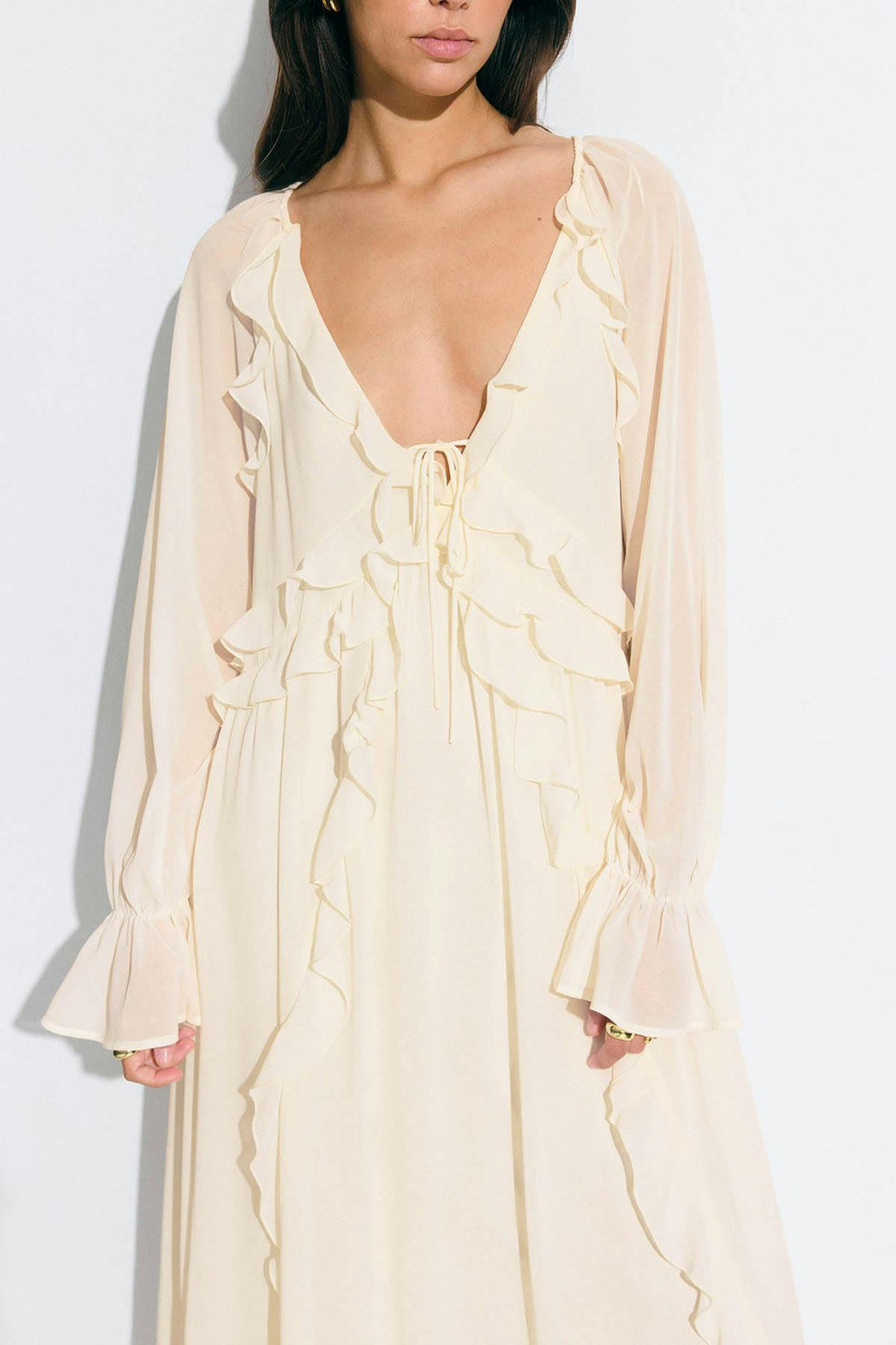 Chiffon maxi long sleeve dress - Creme
